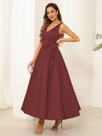Fiora Lane Burgundy back view wedding guest dress
