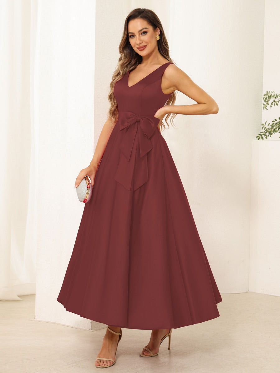 Fiora Lane Burgundy back view wedding guest dress