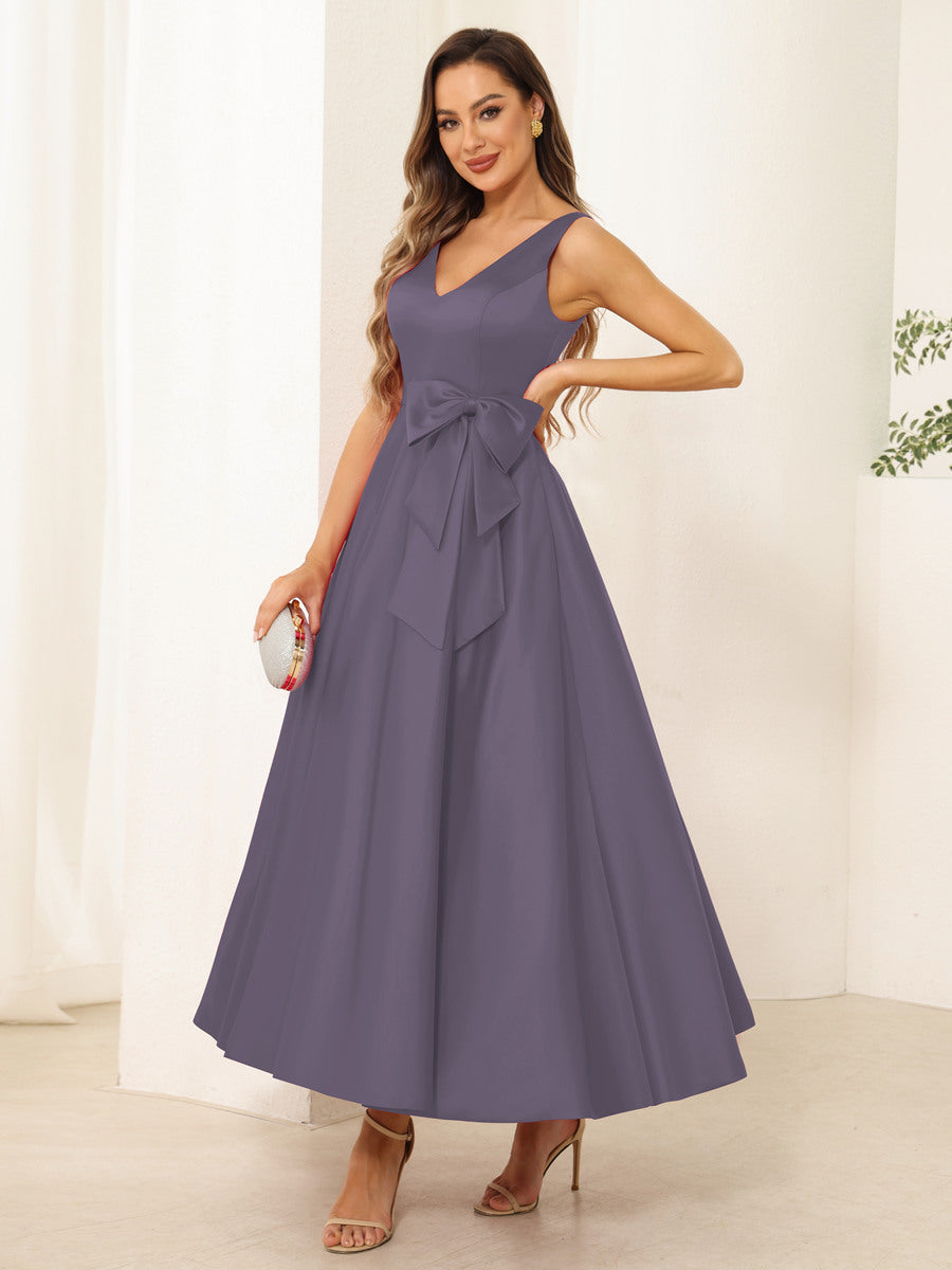 Fiora Lane Dusty Blue back view wedding guest dress