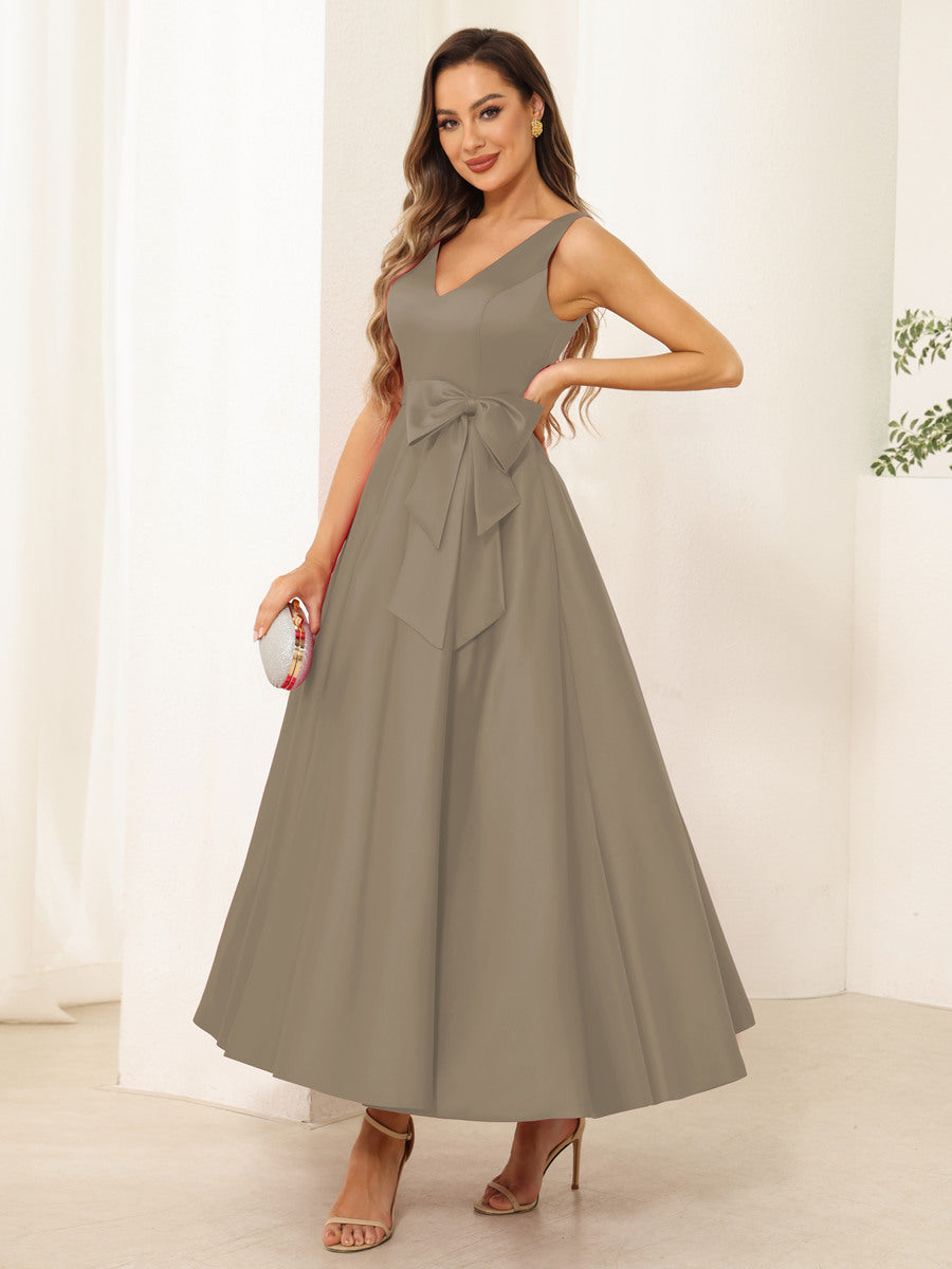 Fiora Lane Taupe front view wedding guest dress