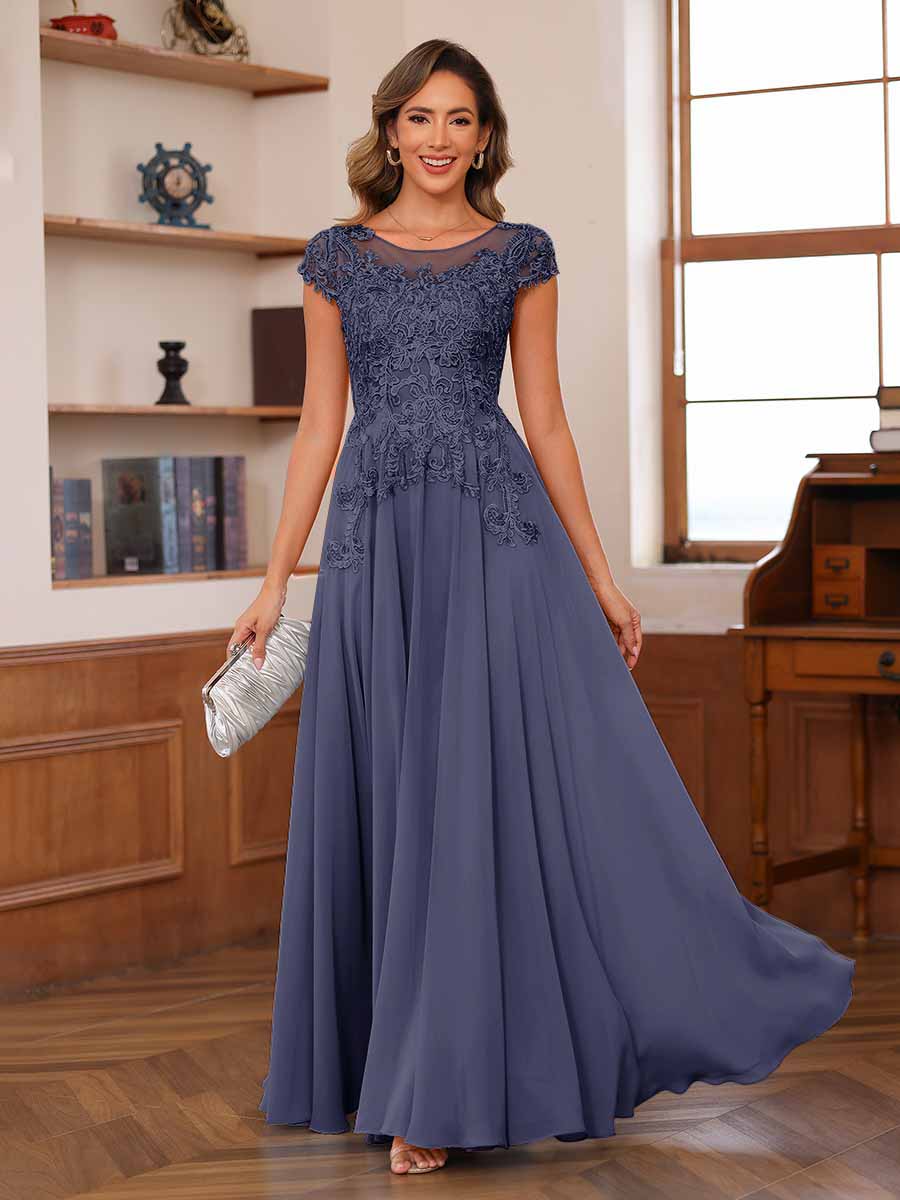 Floriane dusty blue front view mother of the bride dress