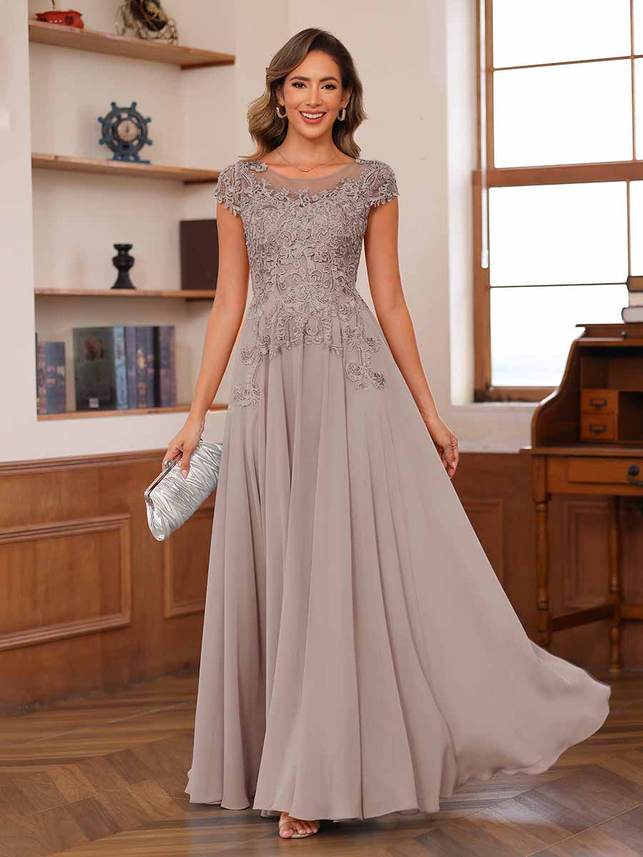 Floriane taupe front view mother of the bride dress