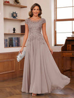 Floriane taupe front view mother of the bride dress