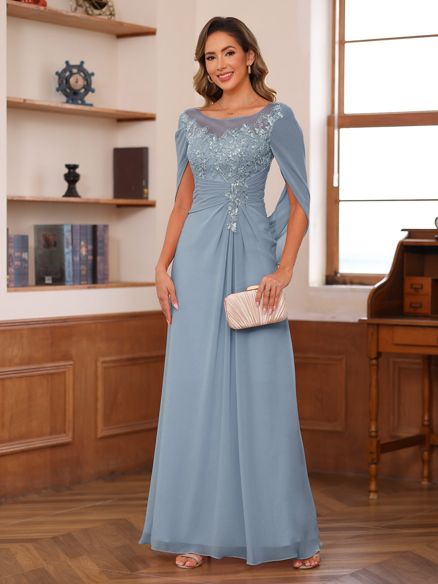 Marguerite Wren Dusty Blue front view mother of the bride dress