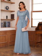 Marguerite Wren Dusty Blue front view mother of the bride dress