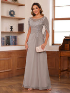 Marguerite Wren Taupe front view mother of the bride dress
