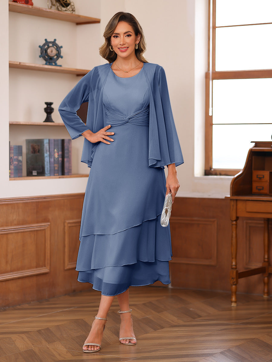 Wrenley Steel Blue front view wedding guest dress