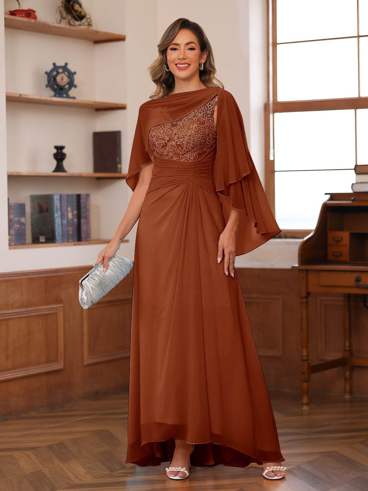 Opaline Burnt Orange front view wedding guest dress