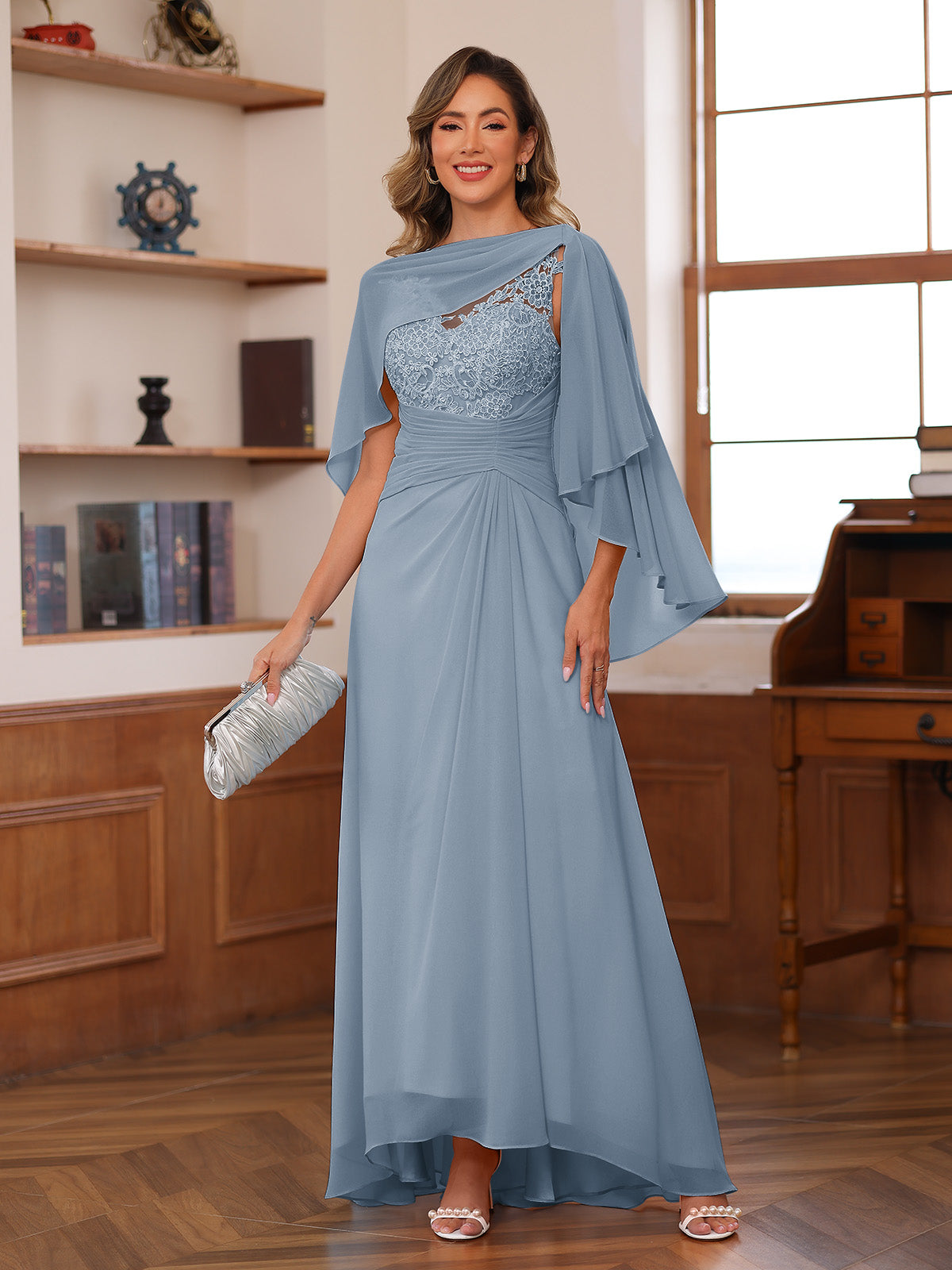 Opaline Dusty Blue front view wedding guest dress