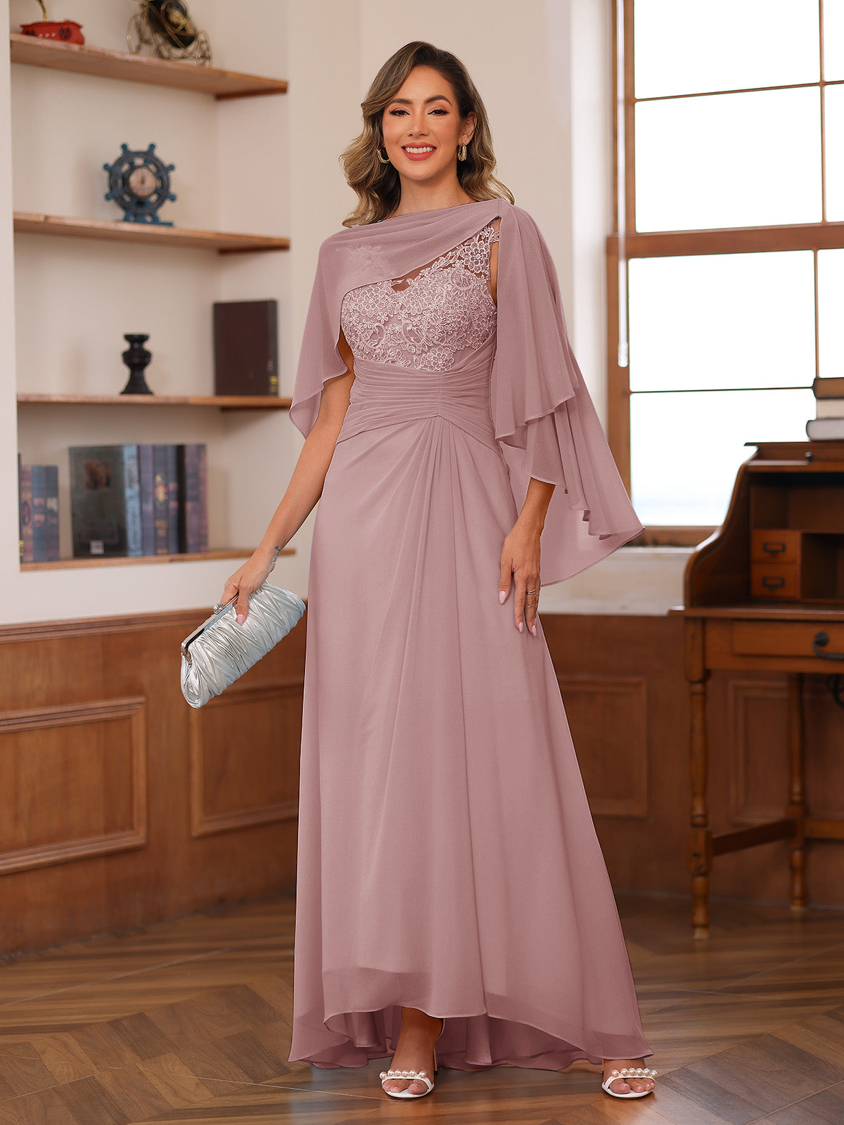 Opaline Dusty Rose front view wedding guest dress
