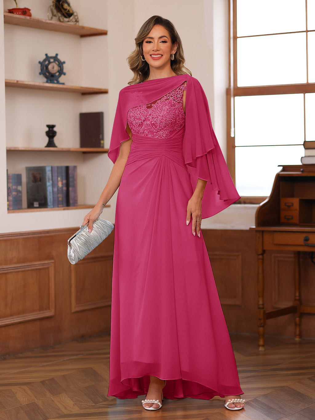 Opaline Fuchsia front view wedding guest dress