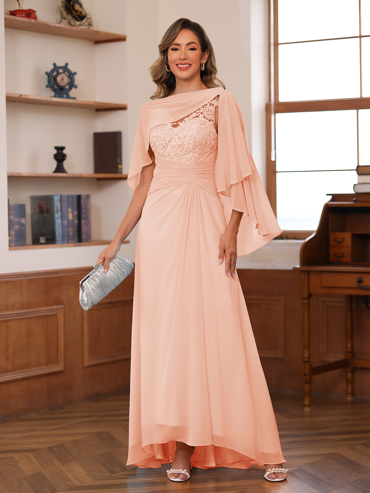 Opaline Peach front view wedding guest dress
