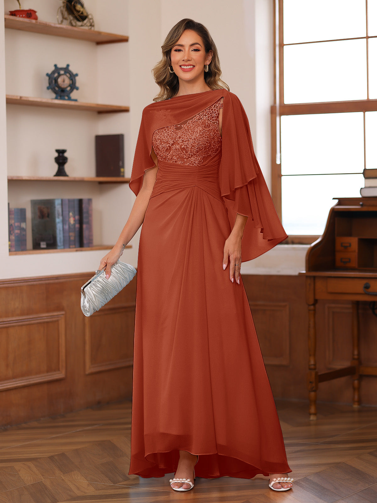 Opaline Rust front view wedding guest dress