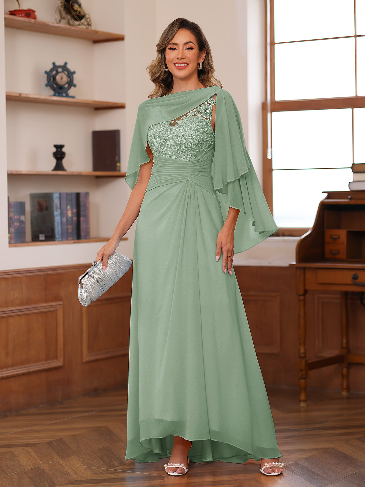 Opaline Sage Green back view wedding guest dress