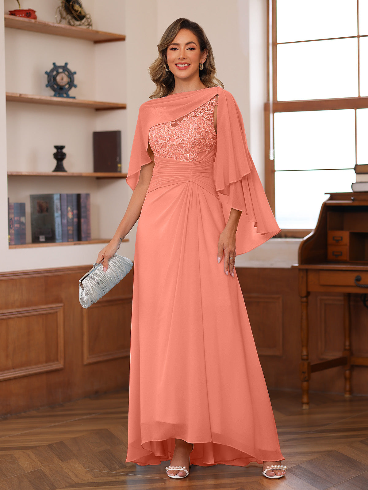 Opaline Coral back view wedding guest dress
