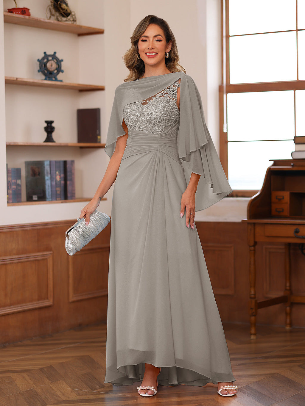 Opaline Taupe front view wedding guest dress