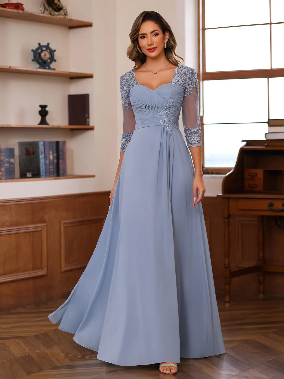 Philomena Rose Dusty Blue side view mother of the bride dress