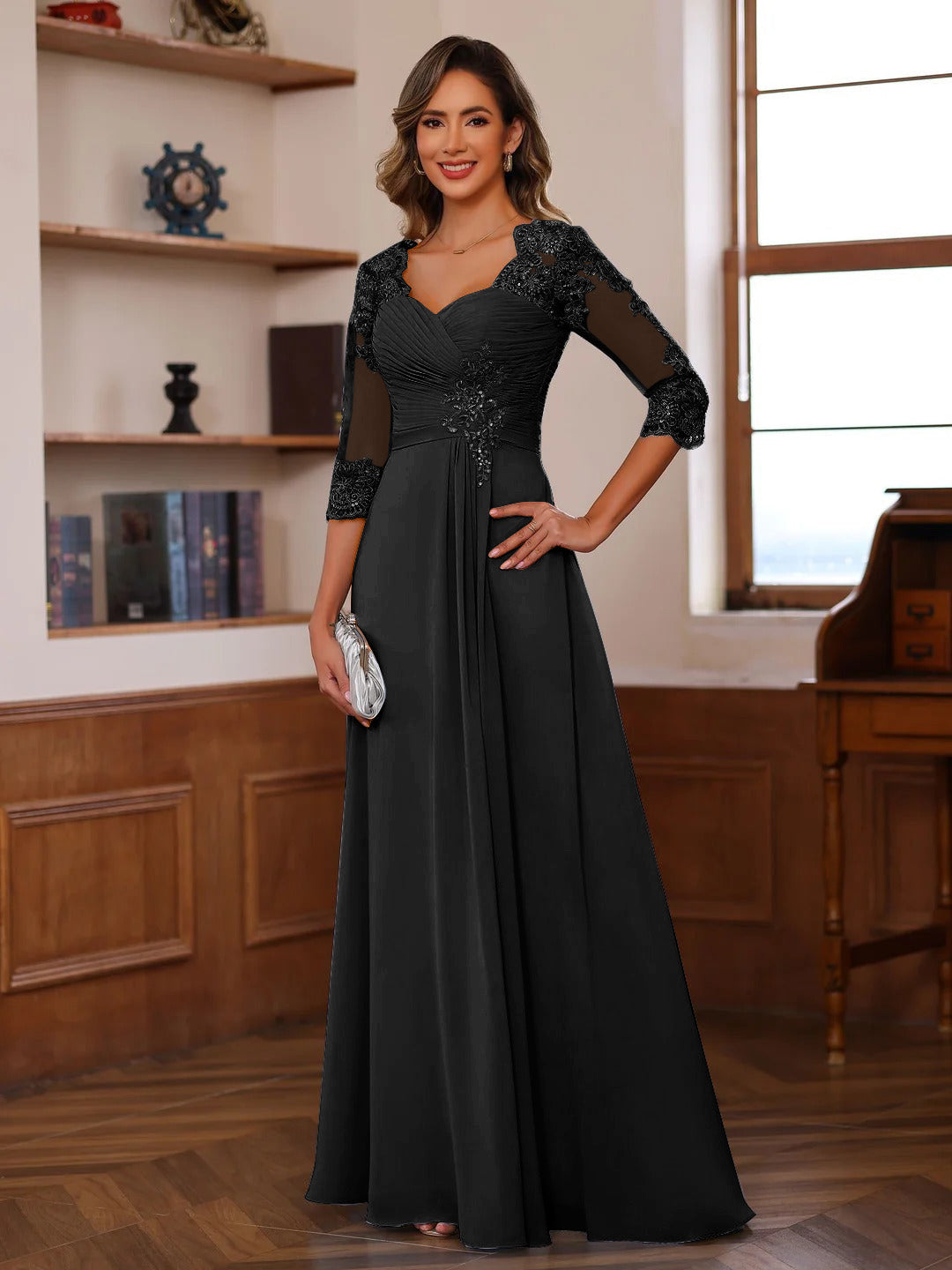 Celine black front view mother of the bride dress