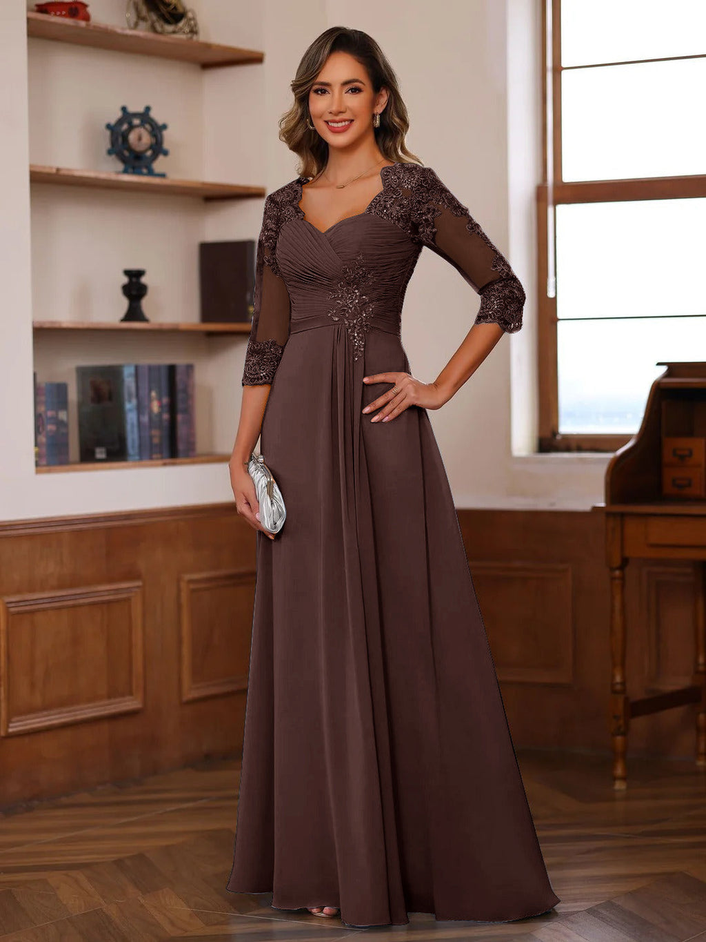 Philomena Rose Brown front view mother of the bride dress