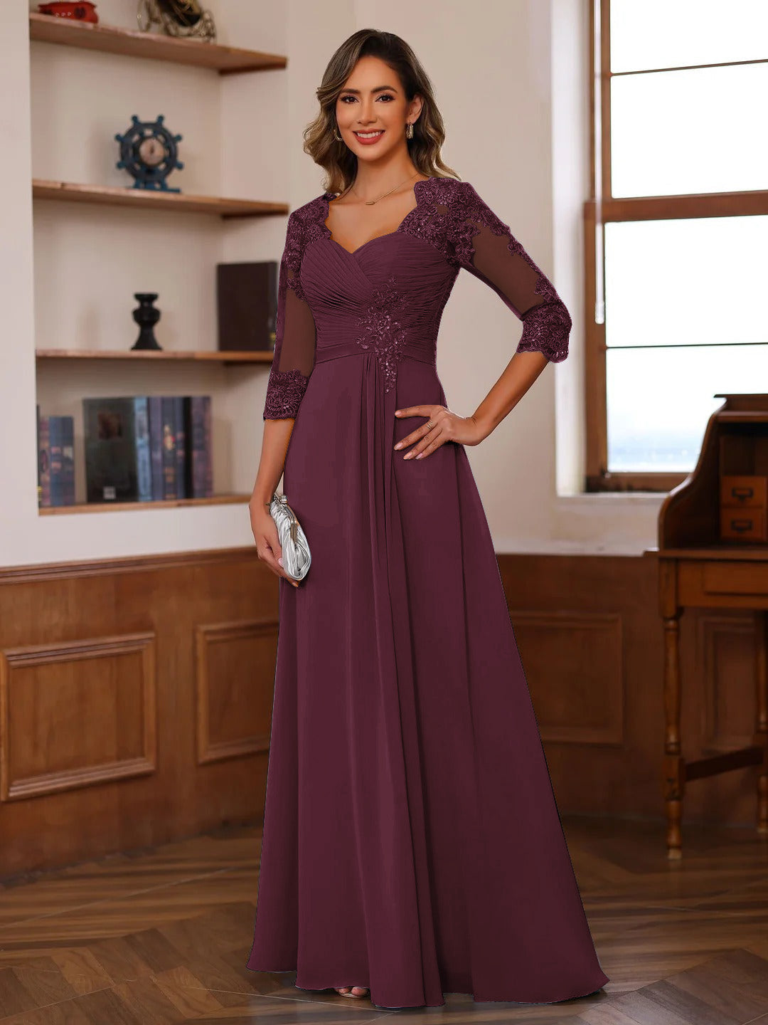 Philomena Rose Burgundy front view mother of the bride dress