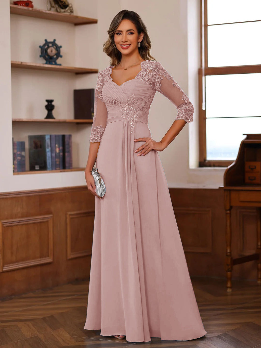Celine dusty rose front view mother of the bride dress