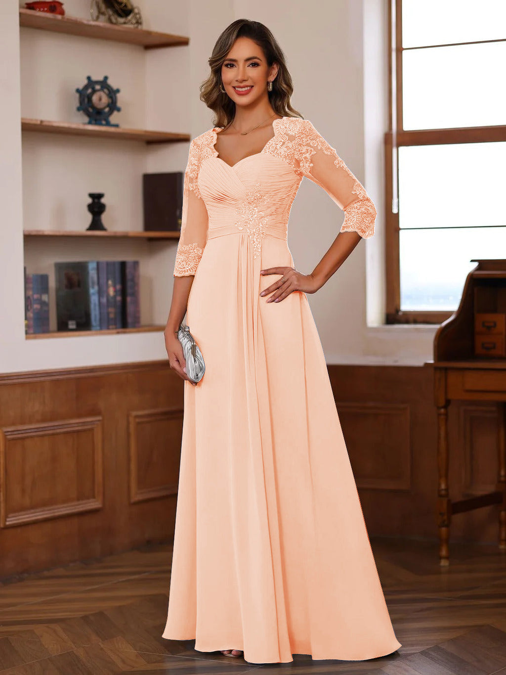 Celine peach front view mother of the bride dress