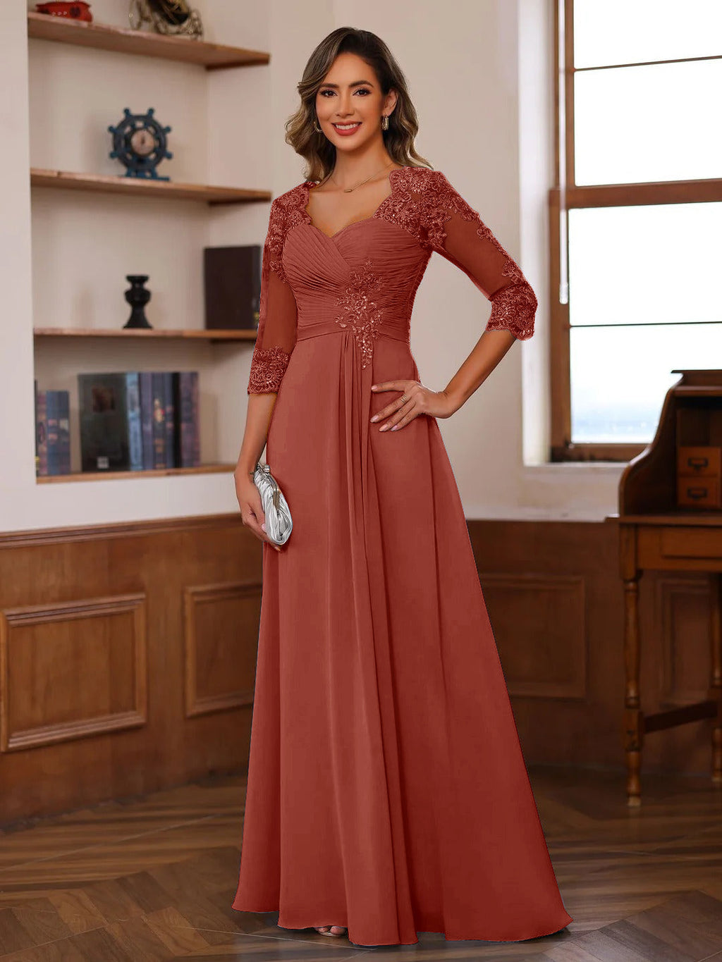 Philomena Rose Rust front view mother of the bride dress