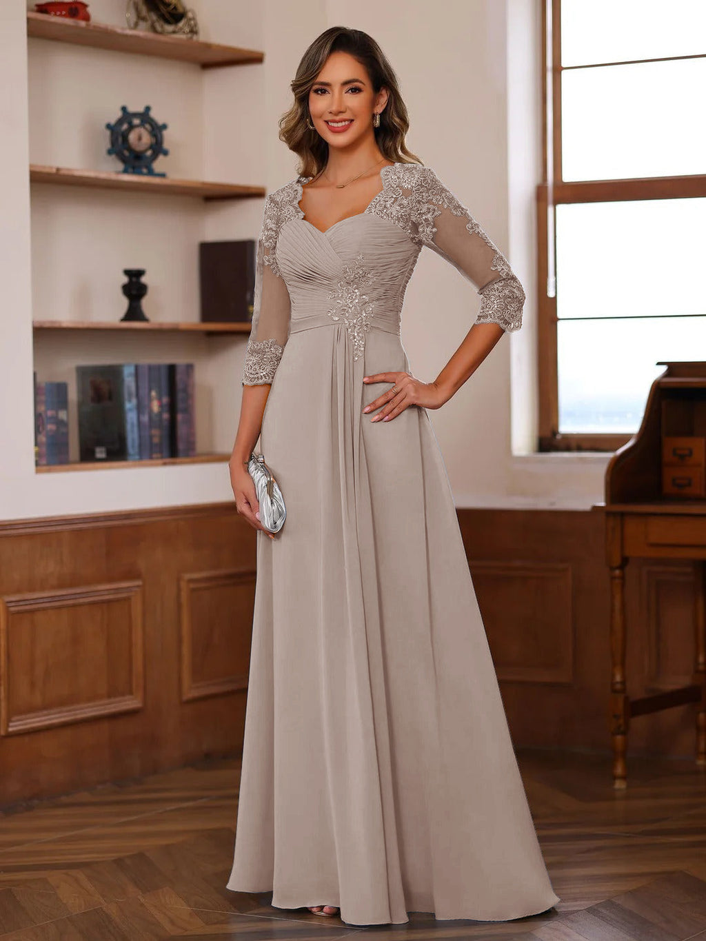 Philomena Rose Taupe front view mother of the bride dress