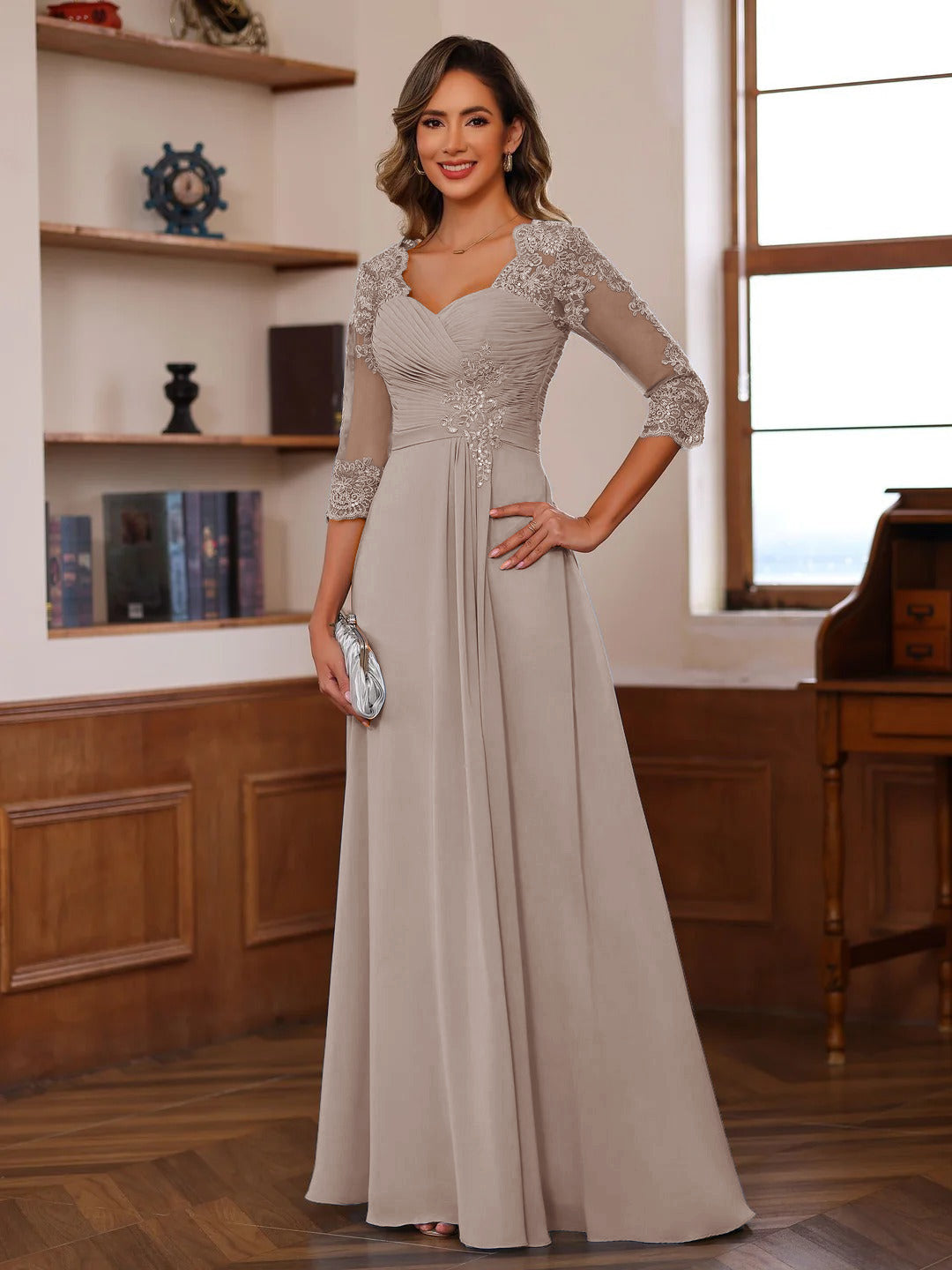Philomena Rose Taupe front view mother of the bride dress