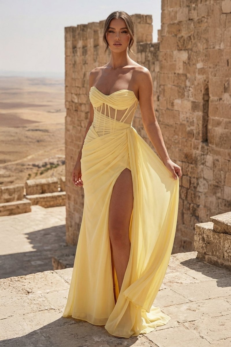 Yellow Sweetheart Sheath Pleated Long Formal Prom Gown With Slit