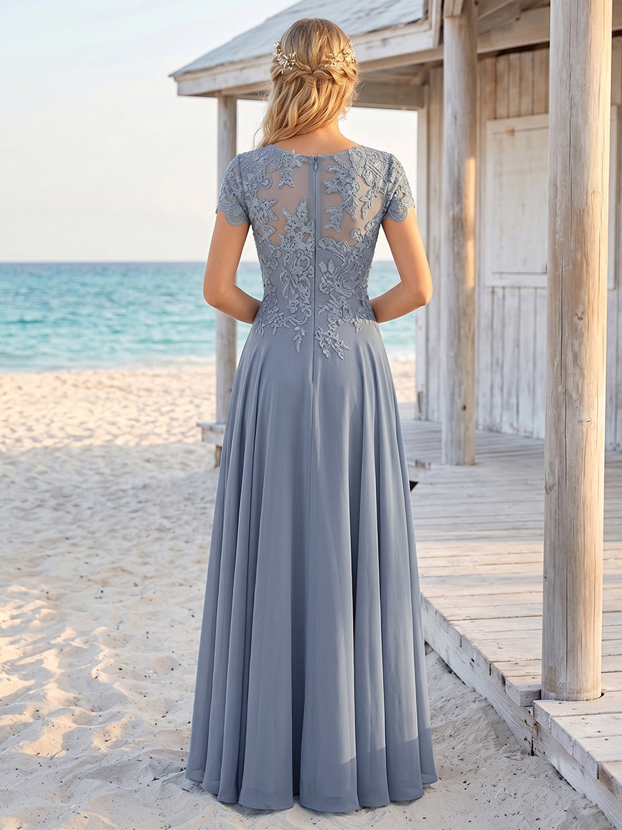 Rhiannon Mae Dusty Blue back view mother of the bride dress