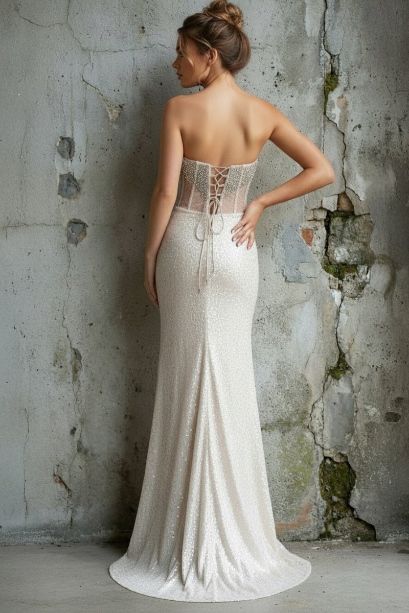 Strapless Mermaid Long Sequins Formal Prom Gown With Split