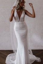 Diamond White Lace Mermaid Wedding Dress with V-Neck Neckline and Sequins