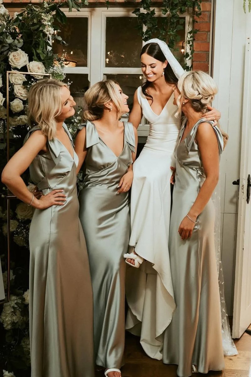 Sage Green Satin Sheath Bridesmaid Dress with V-Neck Neckline and Floor Length