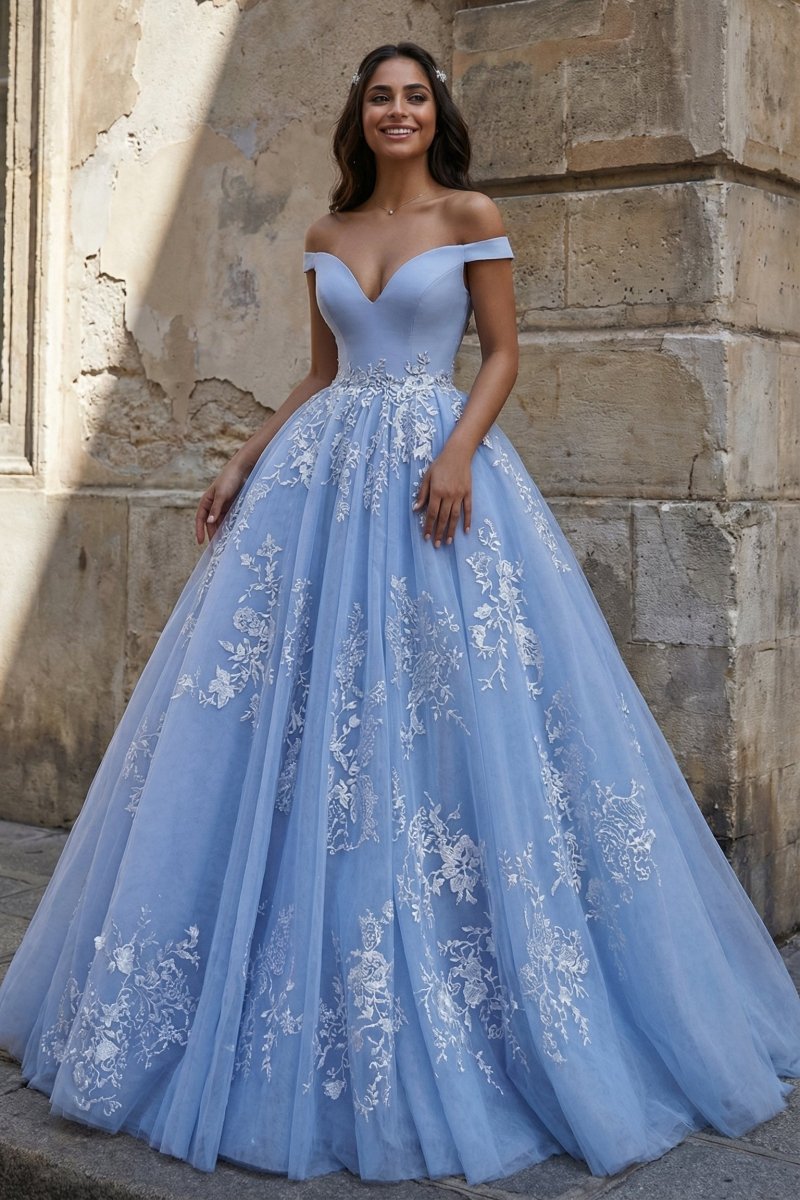 Sky Blue Ball Gown Lace Off the Shoulder Formal Prom Gown
