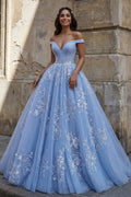Sky Blue Ball Gown Lace Off the Shoulder Formal Prom Gown
