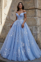Sky Blue Ball Gown Lace Off the Shoulder Formal Prom Gown