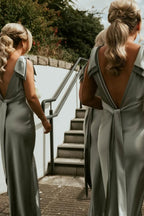 Sage Green Satin Sheath Bridesmaid Dress with V-Neck Neckline and Floor Length