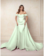 Elegant A Line Chapel Train Satin Prom Dress for Prom