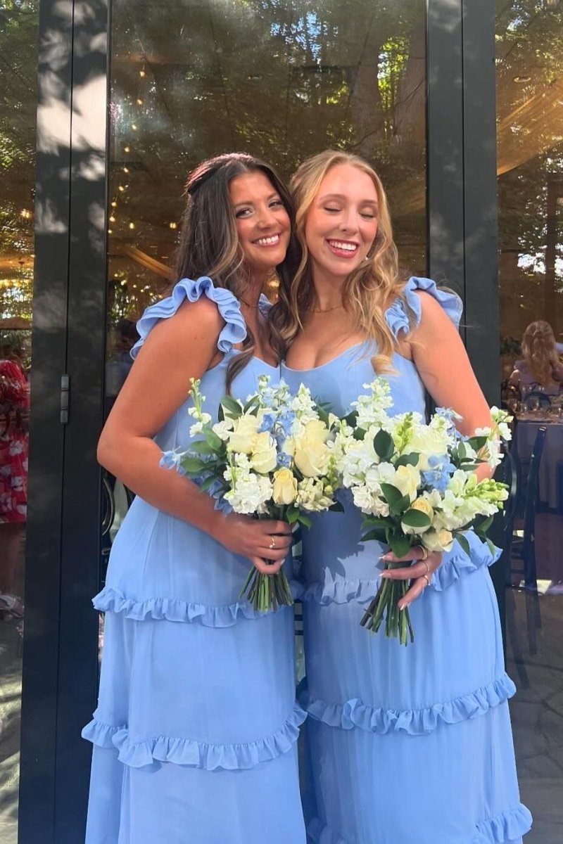 Ink Blue Chiffon A-Line Bridesmaid Dress with Scoop Neck Neckline and Ruffles