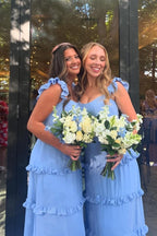 Ink Blue Chiffon A-Line Bridesmaid Dress with Scoop Neck Neckline and Ruffles