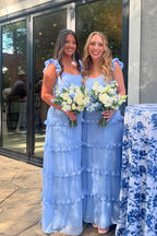 Ink Blue Chiffon A-Line Bridesmaid Dress with Scoop Neck Neckline and Ruffles