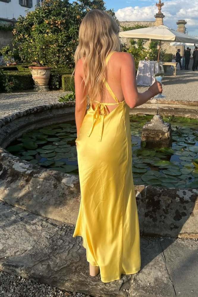 Yellow Satin Sheath Bridesmaid Dress with V-Neck Neckline and Slit