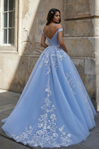 Sky Blue Ball Gown Lace Off the Shoulder Formal Prom Gown