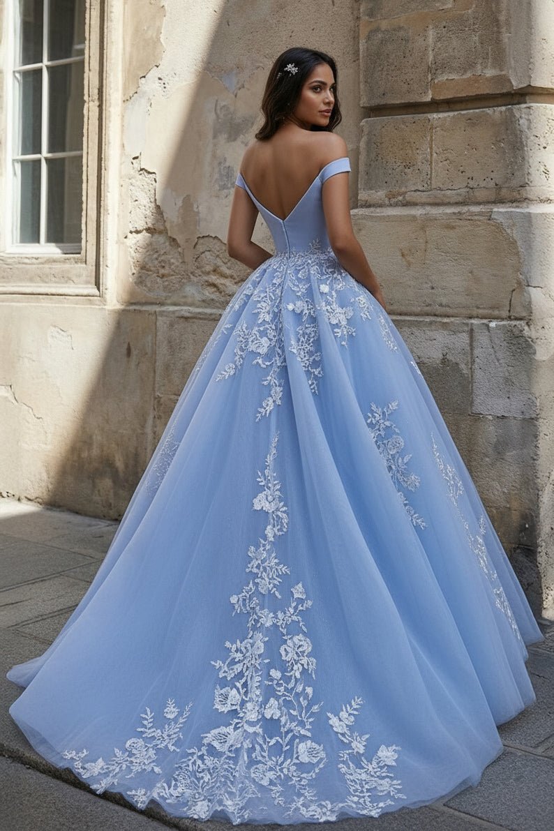 Sky Blue Ball Gown Lace Off the Shoulder Formal Prom Gown