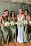 Sage Green Spandex Sheath Bridesmaid Dress with Floor Length