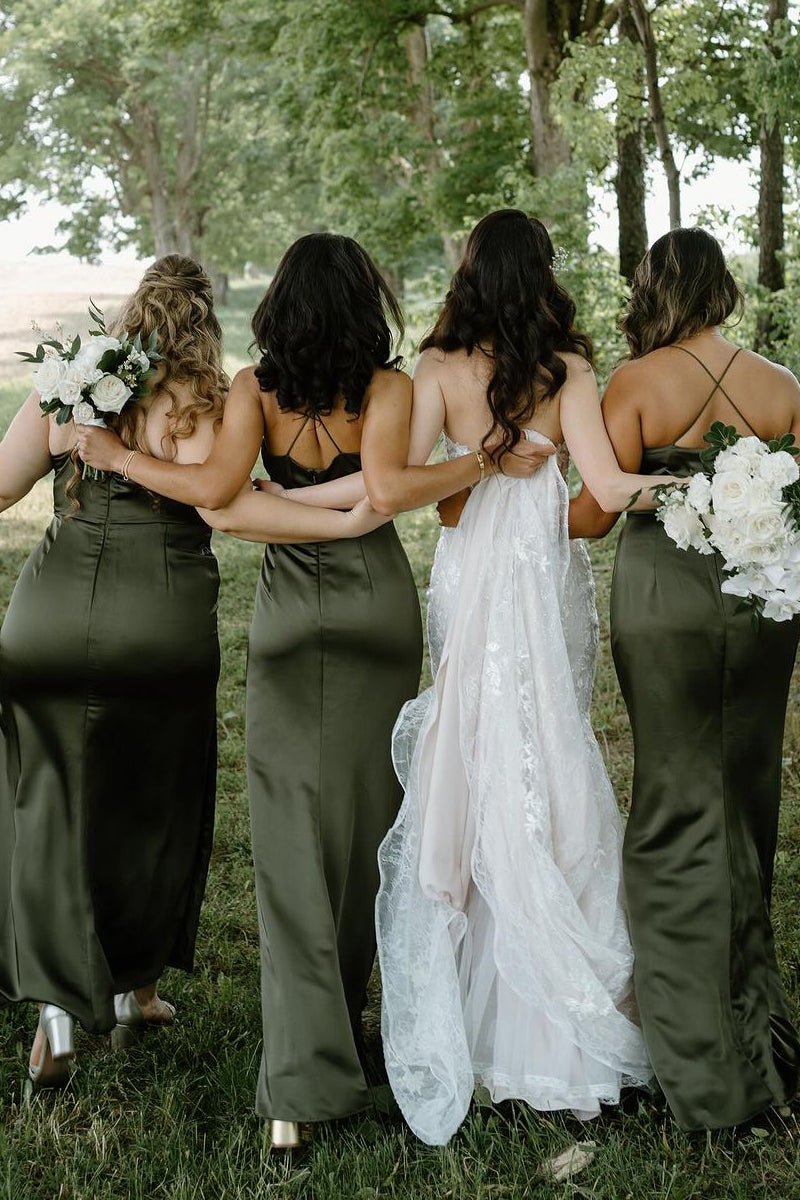 Grey Satin Bridesmaid Dress with Hunter Green Detail