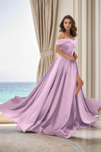 Elegant A Line Court Train Satin Prom Dress for Prom