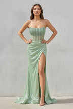 Strapless Mermaid Long Sequins Formal Prom Gown With Split