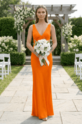 Orange Satin Sheath Bridesmaid Dress with V-Neck Neckline